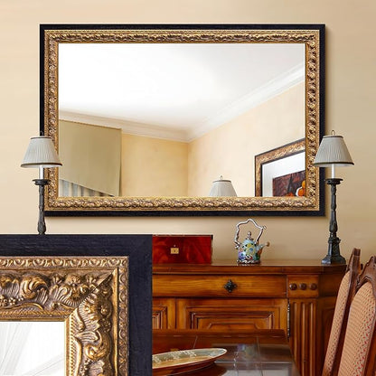 Vintage Gold Mirror 36”x24”, Black Decorative Mirror for Vanity with Gold Foil Carvings Solid Wooden Frame, Antique Handmade Aging, for Luxe Living Room, Entryway, Bathroom and Bedroom
