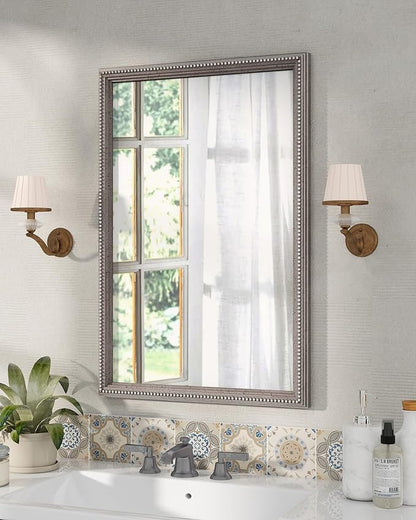 Axeman 24x36 Wood Wall Mirror, Rustic Bathroom Mirror, Vintage Wall Mounted Mirror Tempered Glass with Beaded Wooden Frame for Farmhouse Living Room Vanity Bedroom Entryway, Grey