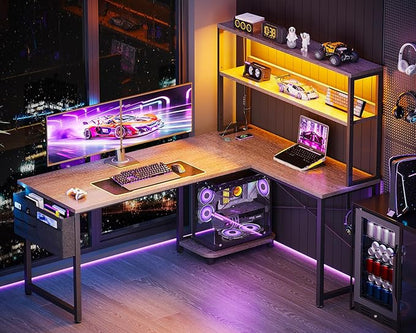 ODK 53 Inch L Shaped Desk with LED Lighting, Reversible Gaming Desk with Power Outlets, Cornor Computer Table with Storage Shelves & Bag & Iron Hook, Home Office Table for Writing, Study, Grey Oak