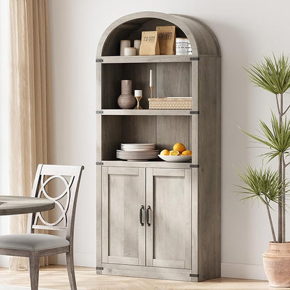 Garveehome Bookcase with Doors Arched Bookshelf 71.65in Tall Bookcase Farmhouse Cabinet with Shelves Wooden Bookshelves for Home Office, Living Room