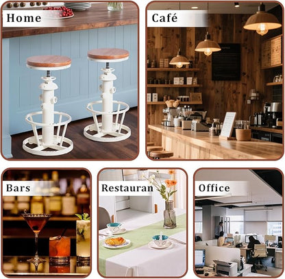 Topower Aged Antique Industrial Round Bottom Adjustable Height Cafe Coffee Retro Vintage Stylish Water Pipe Design Pub Kitchen Bar Stool (Antique White, Wooden Top)