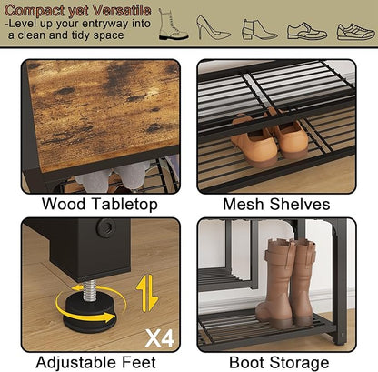 HOMEFORT Shoe Bench,3 Tiers Shoe Rack Bench,31.5" Shoe Storage Bench for Entryway, Retro Industrial Entry Bench with Mesh Shelves and Boot Storage,for Front Door Entrance, Rustic Brown
