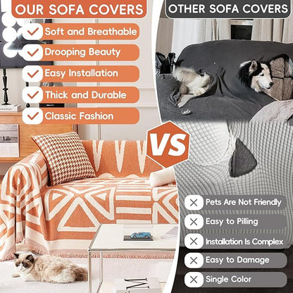 STACYPIK Geometric Orange Sofa Cover - Boho Triangle Reversible Protector for 3 Cushion Couch - Pet-Friendly, Washable Multi-Use Blanket - 91x150IN