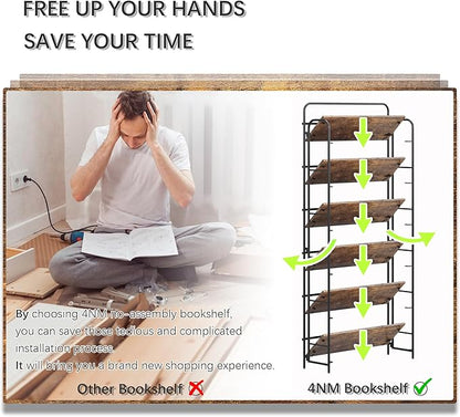 4NM No Assembly Folding Bookshelf 6 Tiers Vintage Industrial Black Book Shelf Metal Foldable Storage Bookcase and Bookshelves for Living Room,Bedroom and Kitchen - Rustic Brown
