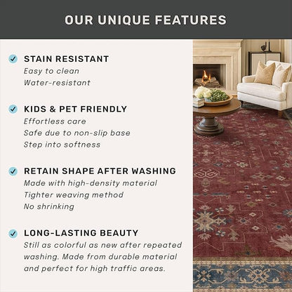 Turkish 4x6 Rug for Living Room Small - Area Rug for Kitchen, Bedside, Foyer Large Entryway Indoor - Washable Stain Resistant Non Slip, Unique Victorian Art Deco, Maroon & Burgundy