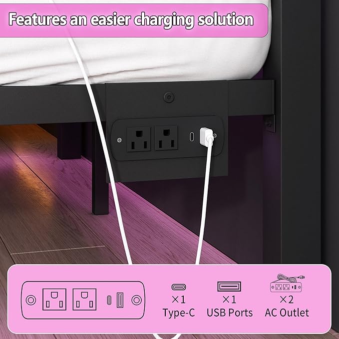 Twin Bed Frame with Headboard and Footboard,Steel Slats Support-LED Bed Frame with USB Charging Station,Mattress Foundation-Under Bed Storage,No Box Spring Needed,Noise Free,Black
