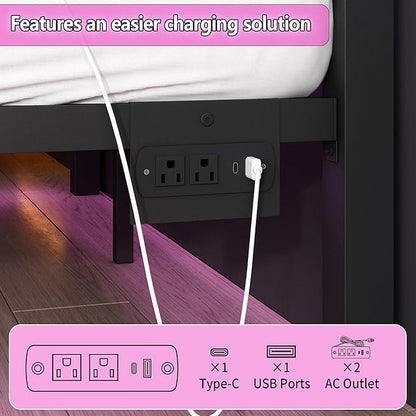 Twin Bed Frame with Headboard and Footboard,Steel Slats Support-LED Bed Frame with USB Charging Station,Mattress Foundation-Under Bed Storage,No Box Spring Needed,Noise Free,Black