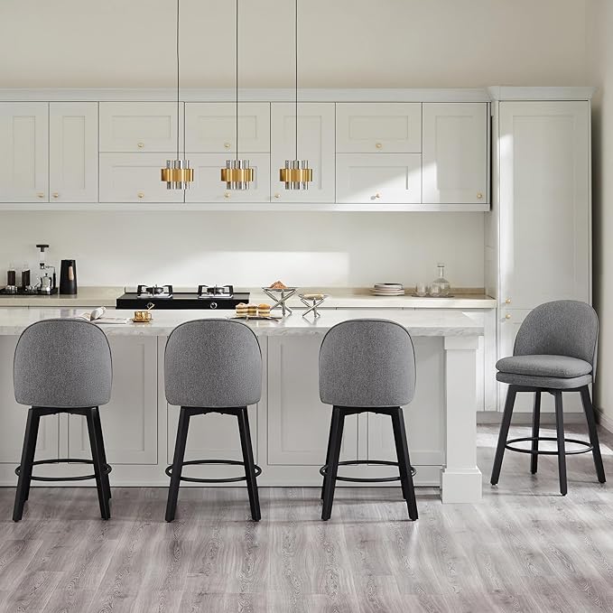 Counter Height Barstools 26 inch Upholstered Swivel Bar Stools with Back and Wood Legs for Kitchen Island,Set of 4,Dark Grey Fabric-Armless