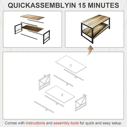 Rectangle Coffee Table Tea Table with Storage Shelf, Farmhouse Wooden Coffe Table for Living Room Table, 40" Rustic Center Table 2-Tier Minimalist Coffee Table Easy Assembly (Natural Wood)