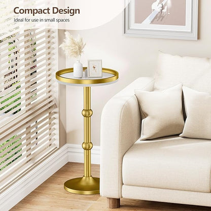 Small Round Side Table, Coffee Drink Table for Small Spaces, Modern Night Stand with Metal Leg, Weighted Iron Base Pedestal Round End Tables for Living Room, Bedroom, Narrow Corners,Sofa Couch