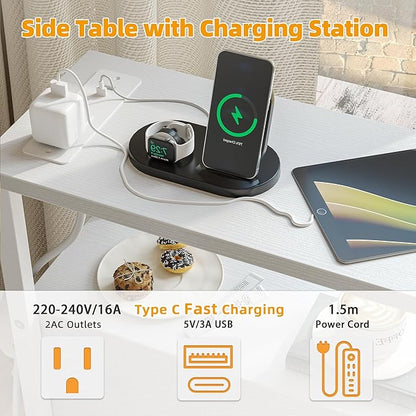 TIQLAB End Table with Charging Station, Narrow Side Table with 2 Fabric Drawers, Nightstand with LED Light, Slim Bedside Table for Bedroom, Living Room, Small Spaces, White