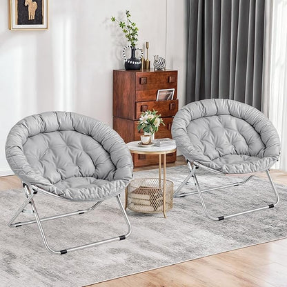 MoNiBloom Round Folding Saucer Chairs Set of 2 for Bedroom Living Room Dorm Foldable Metal Frame Comfy Soft Lounge Lazy Cozy Moon Chairs for Teens (Grey)