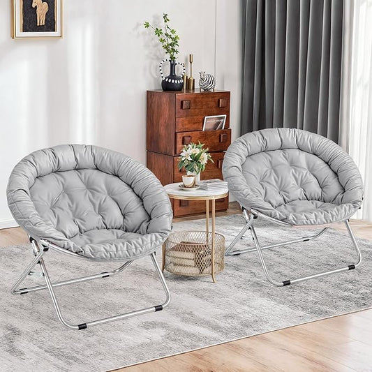 MoNiBloom Round Folding Saucer Chairs Set of 2 for Bedroom Living Room Dorm Foldable Metal Frame Comfy Soft Lounge Lazy Cozy Moon Chairs for Teens (Grey)