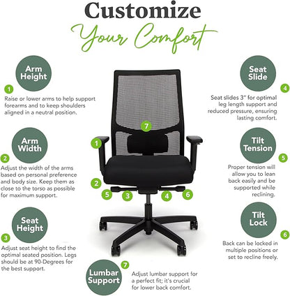 HON Ignition 2.0 Mid Back Task Chair, Advanced Synchro-Tilt Control, Office Chair with Lumbar Support, Height and Width Adjustable Arms, Black Frame, Black
