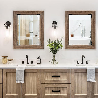 28"x36" Solid Wood Bathroom Mirror Tempered Glass for Wall Mounted, Rustic Wood Frame Wall Mirror Decorative for Living Room Bedroom Vanity Mirror, Rustic Brown