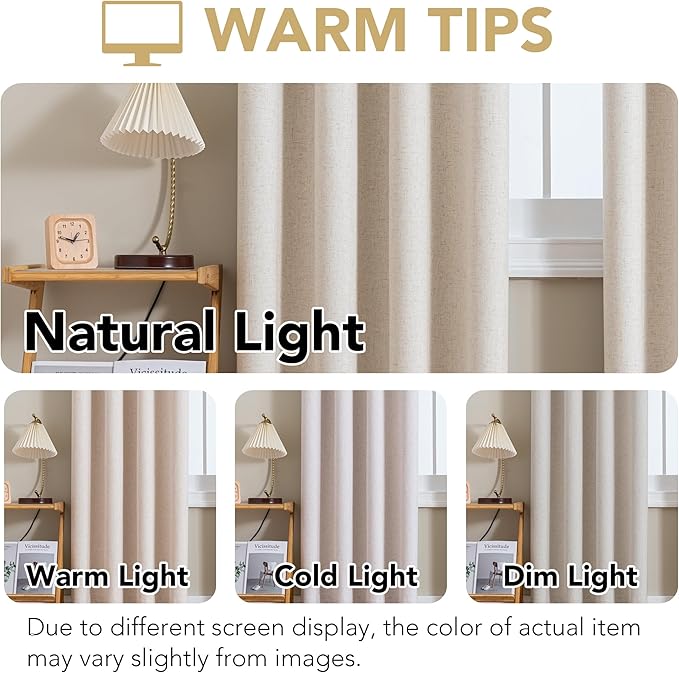 H.VERSAILTEX Linen Curtains 100% Blackout Curtains for Bedroom 84 inch Long Full Light Blocking Nature Linen Blended Window Curtains for Living Room Nickel Grommet (2 Panels, Heathered Natural)