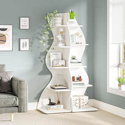 Tribesigns Corner Shelf, Modern 5-Tier Wall Corner Bookshelf, Stylish Corner Small Bookcase Storage Rack Plant Stand with Unique Shape for Living Room, Home Office (White, 1PC)