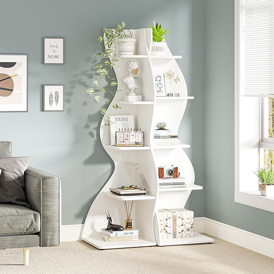 Tribesigns Corner Shelf, Modern 5-Tier Wall Corner Bookshelf Set of Two, Stylish Corner Small Bookcase Storage Rack Plant Stand for Living Room, Home Office, Kitchen, Small Space White, 2PCS