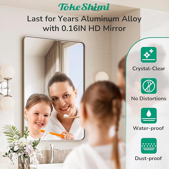 TokeShimi 48x24 Brushed Nickel Bathroom Mirror for Over Sink,Bathroom Rectangle Mirror with Tempered Glass,Vanity Mirror with Aluminum Frame(Horizontal/Vertical)