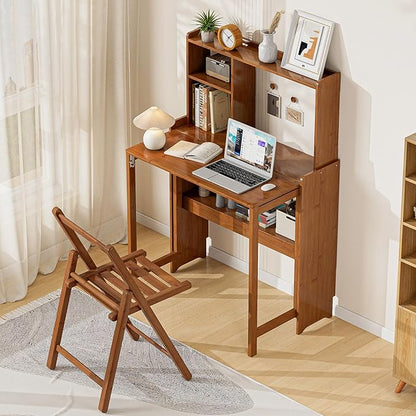 31.1" Bamboo Folding Desk with Bookshelf, Compact Computer Desk for Small Spaces, Foldable Study Table with Storage Shelf, Space-Saving Home Office Table for Bedroom, Dorm, Apartment,Brown