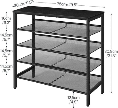 HOOBRO Shoe Rack for Entryway, 5-Tier Organizer with Adjustable Mesh Shelves, 16-20 Pairs, Spacious Floor Mount, Metal, Industrial, Closet Shoe Shelf, Black BB12XJ01