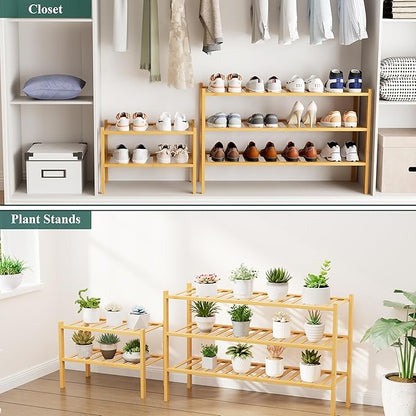 Smiry Shoe Rack, 3 Tier Long Bamboo Shoe Organizer, Stackable Free Standing Wooden Shoe Storage Shelf for Closet, Entryway, Front Door Entrance, Natural