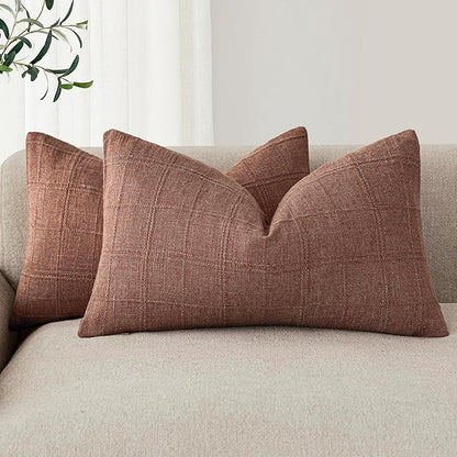 Foindtower Set of 2 Decorative Linen Check Throw Pillow Covers Neutral Farmhouse Lumbar Cushion Covers Modern Boho Home Decor for Sofa Chair Couch Bedroom Living Room Outdoor,12×20 Inch,Autumnal Red
