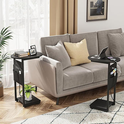 Vagusicc C Shaped End Table with Charging Station, Small Side Table for Couch, TV Tray Slide Under Sofa Table for Living Room Bedroom, Round Couch Side Table C Table for Sofa, Black