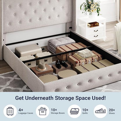 Allewie Full Size Lift Up Storage Bed, Button Tufted Headboard with Wingback, Hydraulic Support, No Box Spring Needed, Light Beige