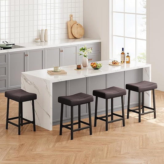 GarveeHome Counter Height Bar Stools Set of 4, 24 Inch Barstools for Kitchen Island Counter, Upholstered Padded Saddle Chairs with Curved Cushion, Easy Assembly, Brown