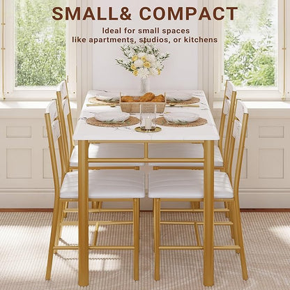 IRONCK Dining Table Set for 4, Wood Kitchen Table with Upholstered Chairs for Kitchen & Dining Room, Compact Dining Set for Small Spaces, White & Gold