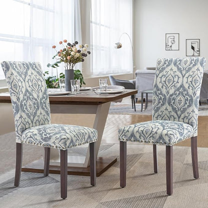 COLAMY Upholstered Parsons Dining Chairs Set of 2, Fabric Dining Room Kitchen Side Chair with Nailhead Trim and Wood Legs - Blue/White Flower