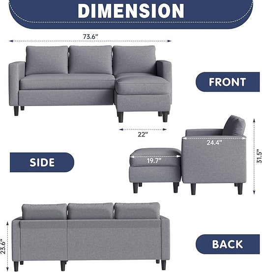 Small Sectional Sofa Couch, 3 Seat L Shaped Couches with Ottoman, Upholstered Fabric Convertible Sofa, Small Couch for Apartments, Living Room and Office (Dark Grey)