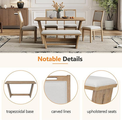 Merax 6-Piece Retro Dining Set, 1 Rectangular Table with Stable Trapezoidal Table Base and 4 Upholstered Chairs and 1 Bench for Dining Room and Kitchen, Natural Wood Wash
