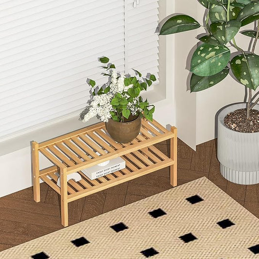 Bamboo Shoe Rack 2-Tier Organizer-Stackable Storage Shelf with Multi-Function Combinations-Free Standing Shoe Racks for Closet,Entryway,Hallway,Bathroom,Living Room Shoe Organization (Natural, 2-Tier)