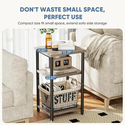 DUMOS End Table, 3 Tier Side Sofa Tables for Small Space, Storage Shelf, Nightstand with Adjustable Feet for Living Room, Bedroom, Office, Set of 1, Oak Grey