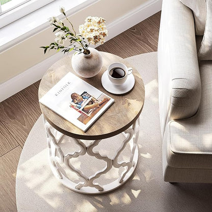 Farmhouse End Table, 18.5'' French Country Round Side Table, Wood Top Side Table with Curved Motif Frame Base for Boho, End Tables Living Room, Bedroom, Small Space, Easy Assembly
