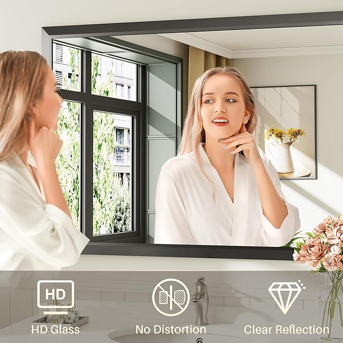 48x30 Inch Black Bathroom Mirror for Wall, Thick Metal Framed Rectangle Mirrors for Over Sink, Bedroom, Living Room, Entryway, Anti-Rust, HD Tempered Glass