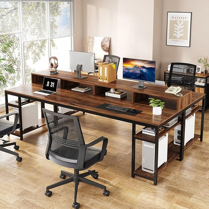 Tribesigns Two Person Desk with Monitor Stand, 78.74" Long Double Computer Office Desk with Storage Shelves, Large Gaming Study Writing Table Workstation for Home Office (Rustic Brown)