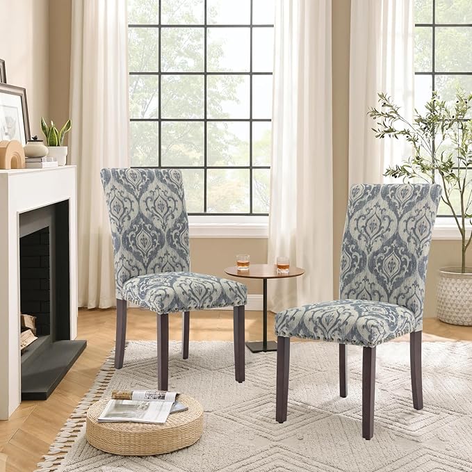 Parsons Dining Chairs Set of 2, Upholstered Nailhead Dining Room Kitchen Side Chair with Thick Cushions and Wood Legs, White/Blue