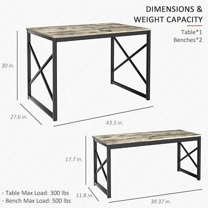 VECELO Kitchen Table with 2 Benches for 4, 43.3'' Wood Dining Room Dinette Sets with Metal Frame for Breakfast Nook and Small Space, Grey