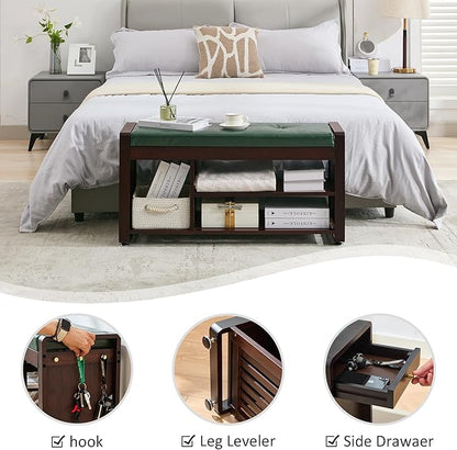 Nnewvante 37.4 inch Shoe Bench with Green Leather Cushion, 3-Tier Large Shoe Rack for Entryway Organizer, 100% Bamboo Ottoman Upholstered Bench for Hallway, Living Room, End of Bed Padded Bench