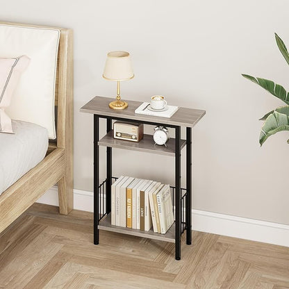 Vagusicc Narrow Side Table, Skinny Side Table for Couch, 3-Tier Small End Table for Small Spaces, Bed Side Tables with Storage, 25.2" Tall Slim Nightstand Bedside table for Living Room Bedroom, Greige