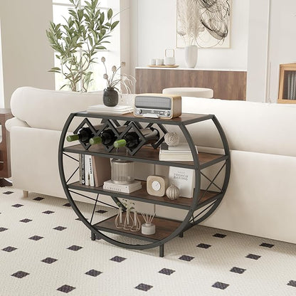 Demilune Console Table Industrial Entryway Table with 4-Tier Open Storage Shelf Wood and Metal Christmas Sofa Table with Wine Rack for Living Room Hallway Display Vintage Rustic Brown