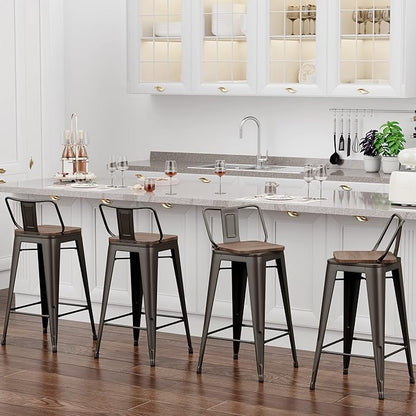30 Inch Swivel Bar Stools Set of 4 with Backs Counter Height Industrial Metal Barstools Island Bar Chairs for Home Kitchen Dining Room (Swivel 30 inch,Rusty Wooden)