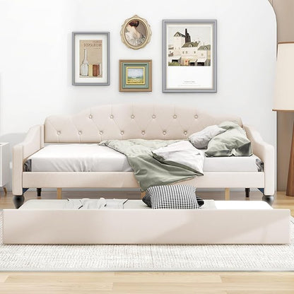 Full Size Linen Upholstered Tufted Daybed with Twin Size Trundle,Sofa Bed,No Box Spring Needed, Furniture for Bedroom Living Room Guest Room,Beige