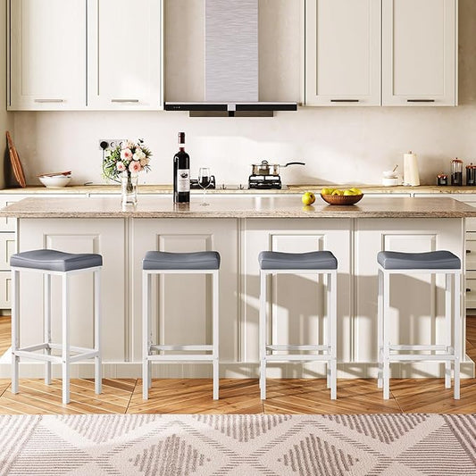 HOOBRO Bar Stools, Set of 2 Counter Height Saddle Chairs, 24.8 Inches, 2.4" Thick Upholstery, White and Gray WG10BY01