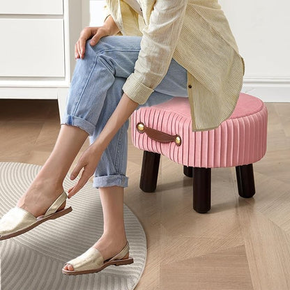 Small Footstool with Handle, Velvet Ottoman Foot Rest with Padded Seat, Curved Foot Stool with Wooden Legs, Portable Foot Rest for Living Room, Bedroom, Entryway, Pink