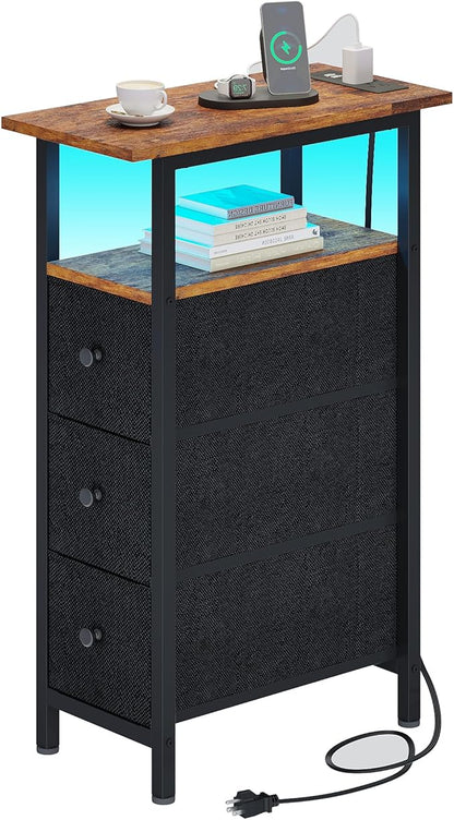 End Table with Charging Station, Narrow Side Table with 3 Fabric Drawers, Skinny Nightstand with LED Light, Slim Bedside Table for Bedroom, Living Room, Small Spaces, Rustic Brown and Black