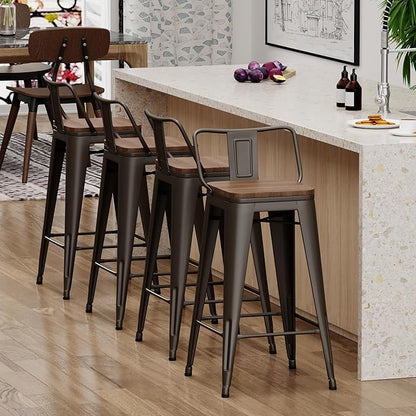 Yongchuang 30 inch Bar Stools Set of 4 Bar Height Metal Barstools with Wood Seat Low Back Kitchen Bar Chairs Gunmetal